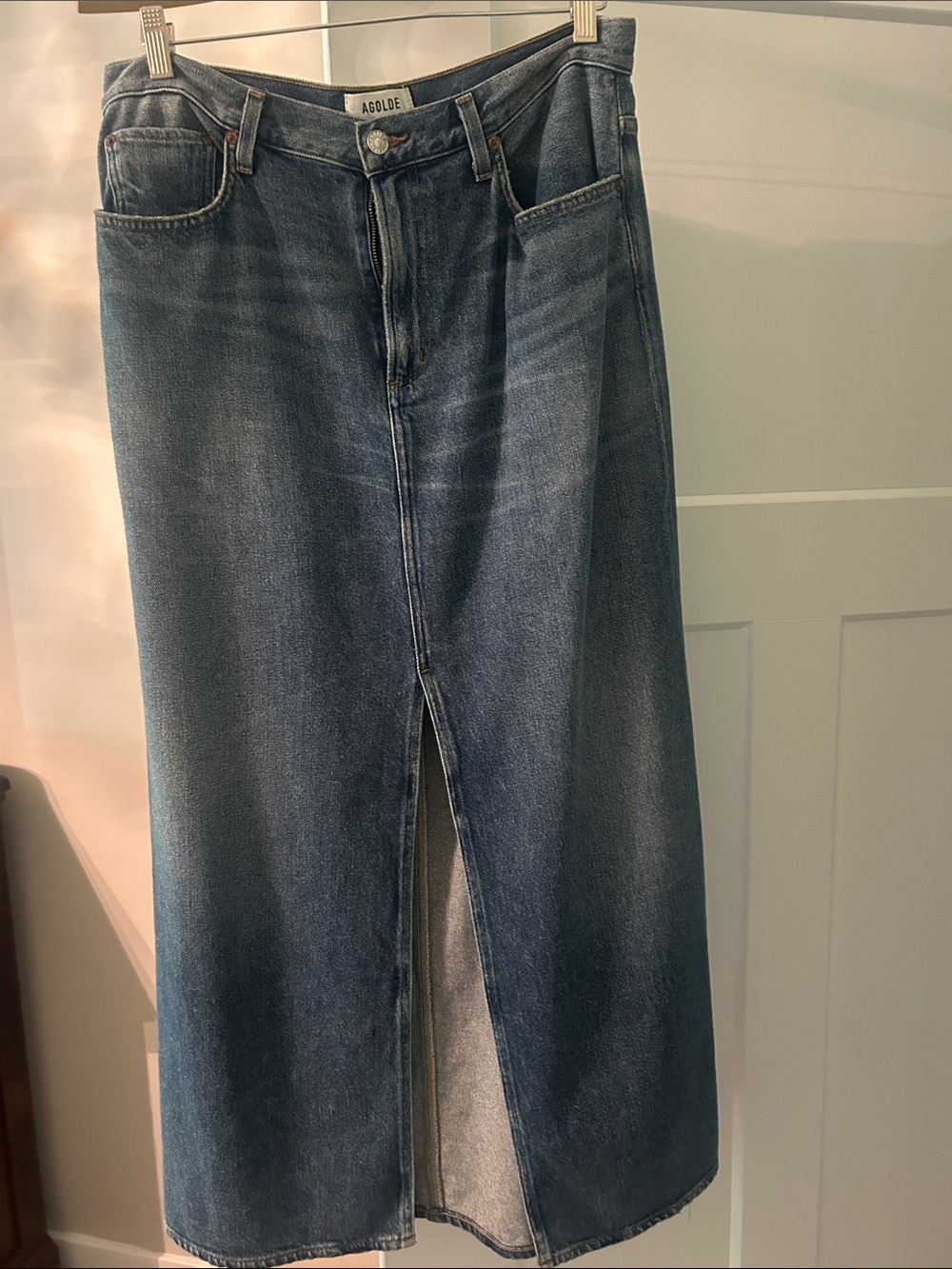 Agolde Dark Blue High-Rise Denim Maxi Skirt with Front Slit